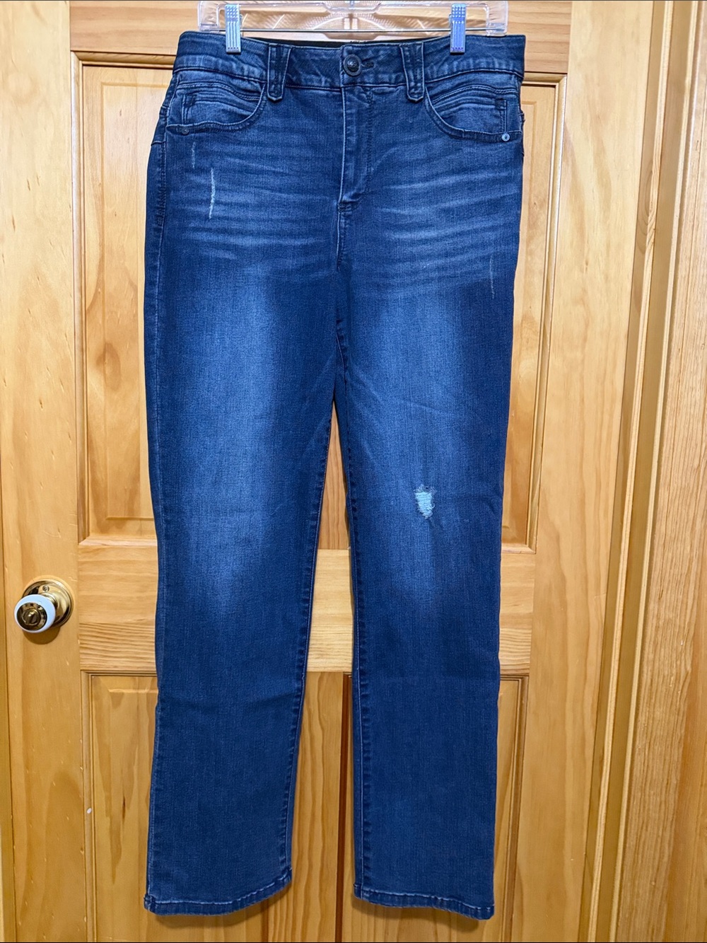 Democracy Ab Solution Dark Blue Straight-Leg Distressed Women's Jeans, Size 12.